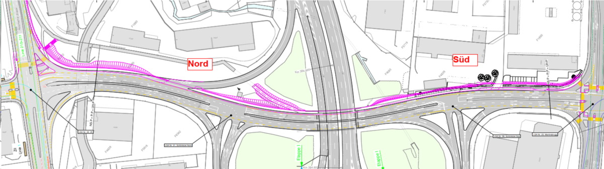 Der neue Geh- und Radweg (violett) soll getrennt vom Motorverkehr an der Schönbüelstrasse liegen.
